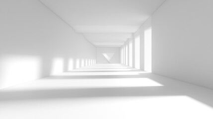 Poster - Sunlight streams through windows in a long, white corridor, creating shadows on the floor.