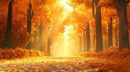 Poster - Sunlit autumn path through vibrant golden foliage forest.