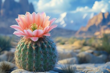 Wall Mural - Beautiful pink flower blooming on cactus in serene desert landscape at dawn