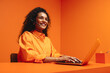 © Jacob Lund - Smiling telemarketer woman with headphones in a vibrant monochromatic office space