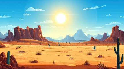 Poster - Sunny desert landscape with cacti, rocks, and mountains under a bright sun.