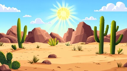 Poster - Sunny desert landscape with cacti, rocks, and sparse vegetation under a bright sun.