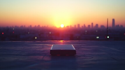 Poster - Sunrise over city skyline viewed from rooftop with small device.