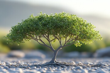 Wall Mural - A small tree grows on top of a pile of rocks, with some greenery visible