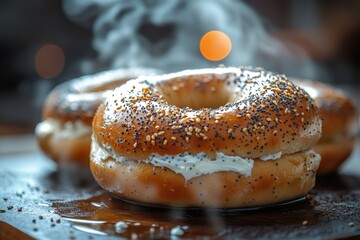 Poster - A pair of doughnuts sit on top of a wooden table, ready to be enjoyed