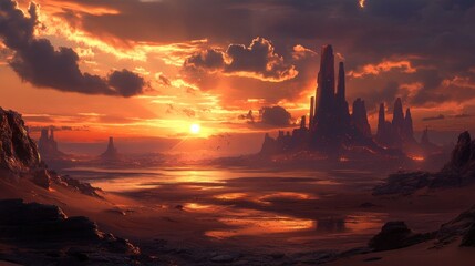 Poster - Sunset over a futuristic desert landscape with tall, dark structures.