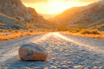 Wall Mural - A large rock sits on the side of a road, offering a natural obstruction and scenic backdrop