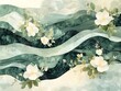 © Lanri - Serene White Blossoms Flowing Over Teal Watercolor Hills