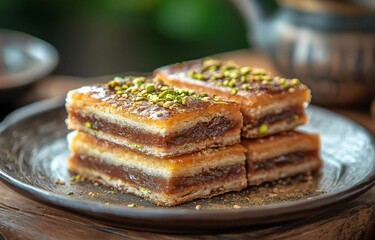 Bits of delicious Dubai chocolate bar on the table with knafeh and pistachios