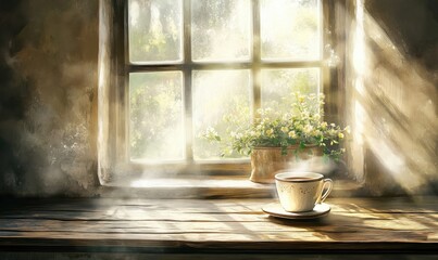 Wall Mural - Cozy morning scene with steaming coffee cup, sunlight streaming through window, and potted flowers on wooden table