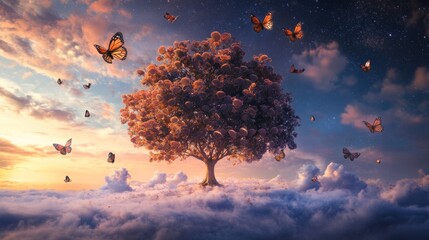 Wall Mural - Surreal sunset landscape with tree, butterflies, and clouds.