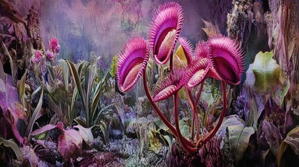 Poster - Surreal vibrant pink Venus flytraps in a mystical, smoky jungle setting with other exotic plants.