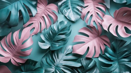 Poster - Teal and pink monstera leaves arranged on a teal background.