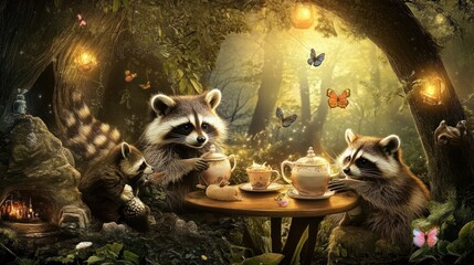 Poster - Three raccoons enjoying tea party in enchanted forest with butterflies and fairy lights.