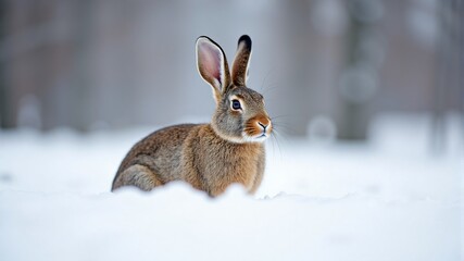 Wall Mural - A grey hare sits in the snow, ears pricked up