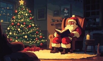 Wall Mural - Santa Claus reading book by Christmas tree in cozy living room, warm ambiance, festive decorations, holiday spirit, gifts, candlelight