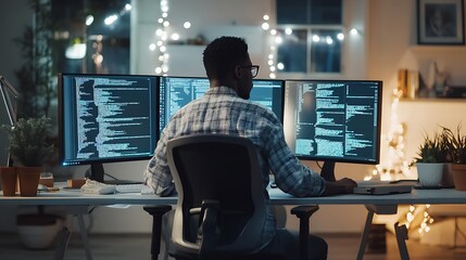 Wall Mural - Programmer working late at night on multiple computer screens.