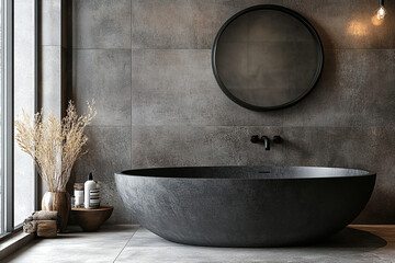 Wall Mural - Minimalist bathroom interior with a large black bathtub against a marble wall. Generated by artificial intelligence