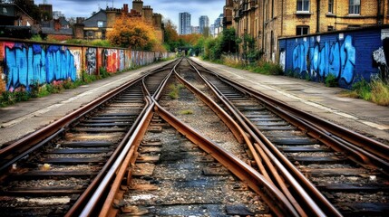 Poster - Train tracks diverging amidst urban graffiti and buildings.