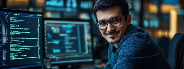 Canvas Print - Smiling programmer looking over shoulder at computer screen filled with code.