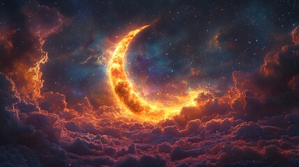 Wall Mural - glowing crescent nebula vibrant swirling cosmic clouds in turquoise and golden hues
