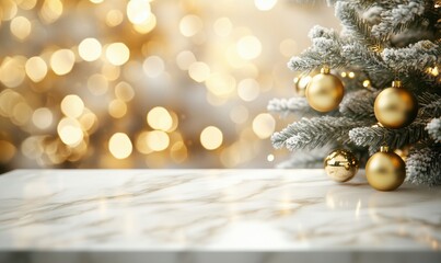 Wall Mural - Christmas tree adorned with golden ornaments, shimmering bokeh lights, and elegant marble tabletop creating festive atmosphere