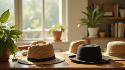 Wall Mural - Sustainable hats styled on a wooden shelf in a sunlit studio