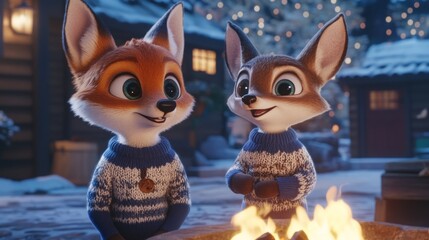 Poster - Two cute cartoon foxes wearing sweaters by a bonfire on a snowy winter night.