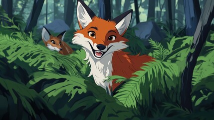 Poster - Two foxes playfully peeking from lush green ferns in a forest.