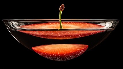 Poster - Two halved strawberries submerged in water inside a clear glass bowl against a black background.