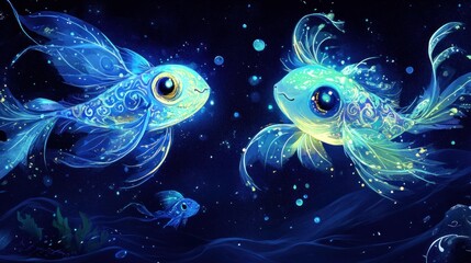 Two luminous, cartoon fish face each other in a dark blue underwater scene.