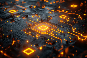 Aufkleber - A futuristic circuit-board style pattern: short parallel lines in sunshine-yellow, connecting nodal squares on a charcoal plane,