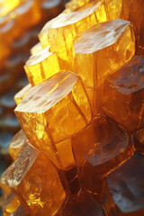 Poster - A partially transparent honeycomb motif in subdued yellow, each cell morphing into angled polygons on a void-like setting,