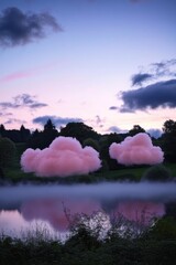 Wall Mural - a serene lake scene with pink clouds reflected in the calm water, great for travel or nature-themed 