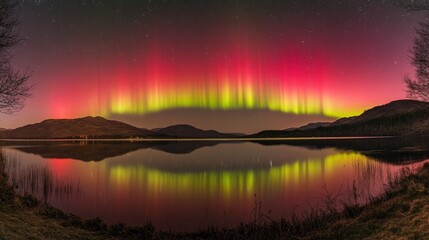 Wall Mural - Vibrant aurora borealis reflected in a calm lake at night, mountains in the background.