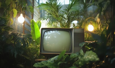 Canvas Print - Vintage television set surrounded by lush greenery and tropical plants, illuminated by soft glowing lights, creating a serene and nostalgic atmosphere