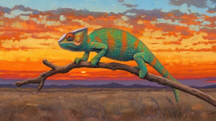 Wall Mural - Vibrant chameleon perched on branch against a fiery sunset over savanna.