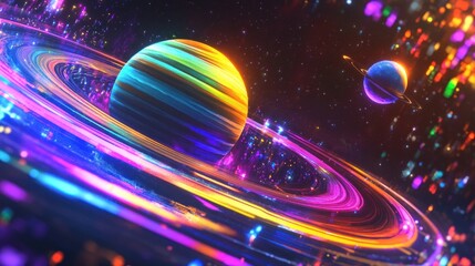 Poster - Vibrant, colorful planets with glowing rings in a cosmic scene.