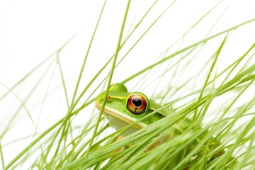 A green frog sitting in tall grass