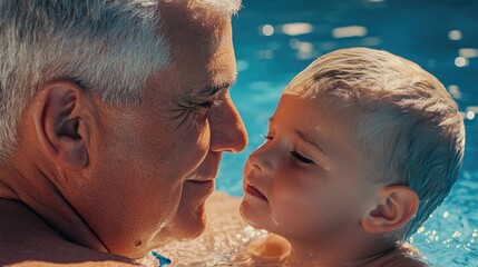 Wall Mural - A photo of an older man and a young boy together in a swimming pool, great for illustrating relationships or family activities