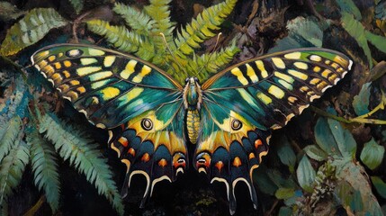 Poster - Vibrant green, yellow, and black butterfly with intricate wing patterns rests among lush green ferns.