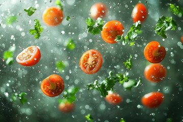 Canvas Print - Vibrant halved tomatoes and fresh parsley levitate, suspended in mid-air against a dark green background, water droplets accentuating the freshness.