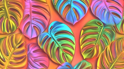 Poster - Vibrant iridescent tropical monstera leaves pattern on coral background.