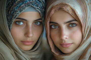 Wall Mural - Two women wrapped up warm, wearing headscarves and scarves in winter