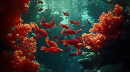 Wall Mural - Vibrant red fish swim amidst lush coral reef in ocean.