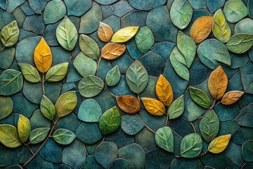 Sticker - A detailed view of a mosaic made from individual leaves, great for use in nature-inspired designs or as a decorative element