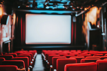 Cozy red theater seats facing a large blank screen in an intimate cinema setting at night