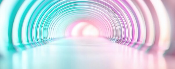 Poster - Symmetry gradient concept. A vibrant, colorful tunnel illuminated with soft pastel lights creating a surreal effect.