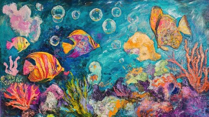 Wall Mural - Vibrant underwater scene with colorful fish, coral, and bubbles.