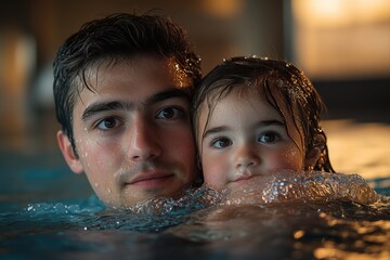 Wall Mural - A man and young girl enjoying a swim together in a pool, perfect for family or friendship scenes